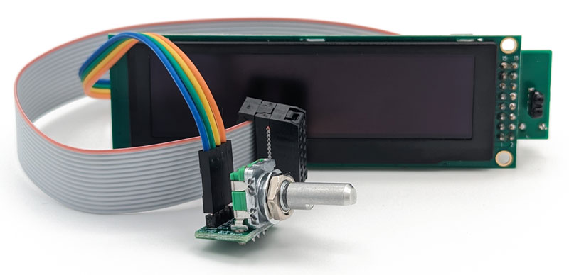 OLED display assembly front view with cabling and encoder